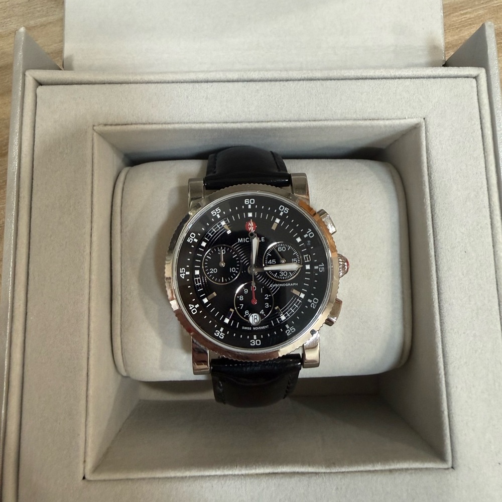 Michele Sport Sail Chronograph Watch with Black Patent Leather Strap